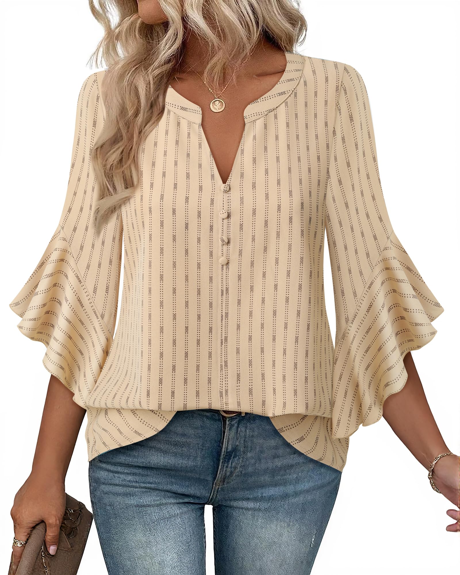Bebonnie Womens Tops Dressy Casual Ruffle 3/4 Sleeve Henley V Neck Chiffon Blouses with Buttons